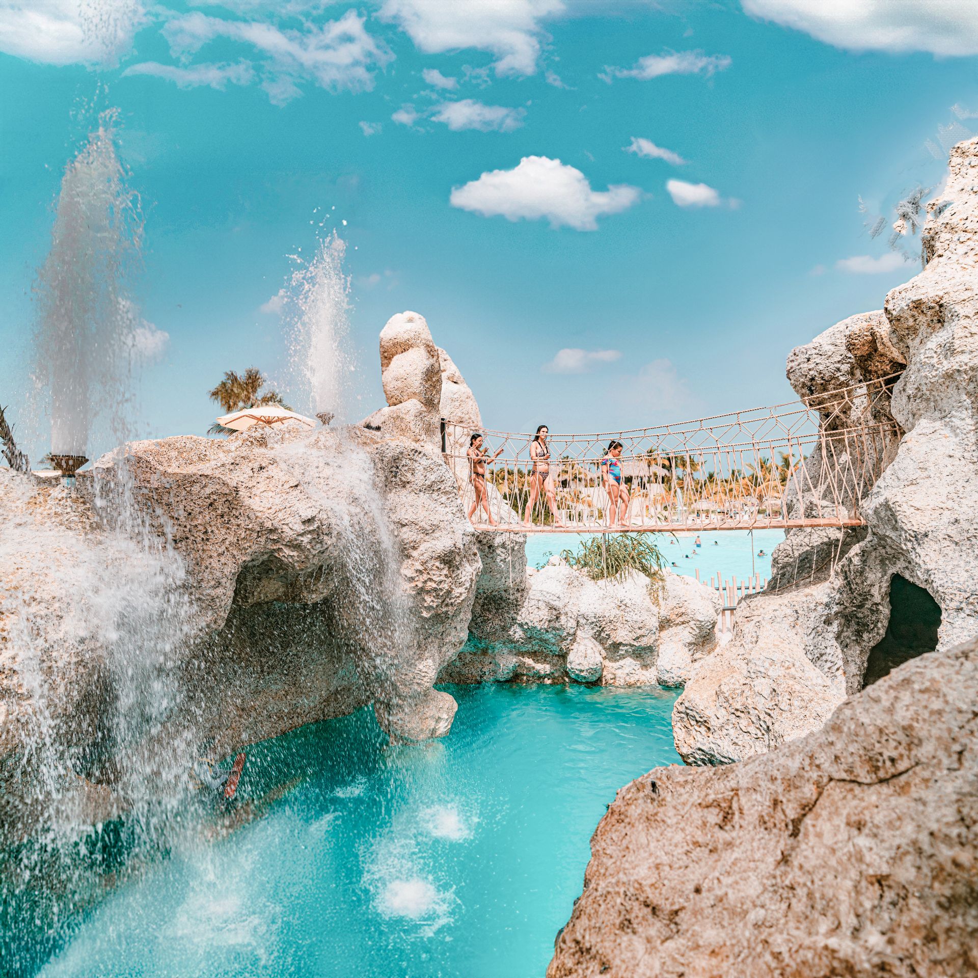 Kids playground area with shallow fun splash pools