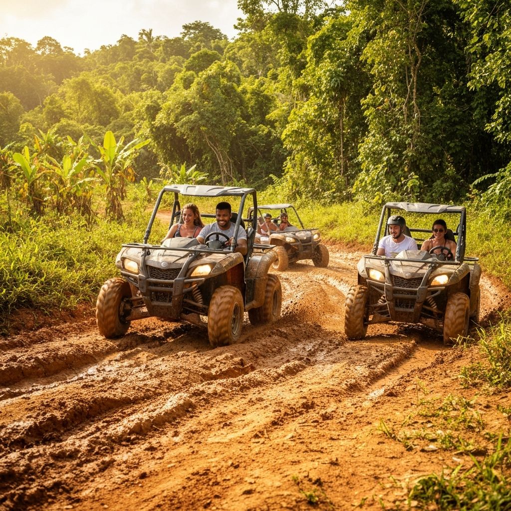 ATV four-wheelers driving through tropical jungle trails
