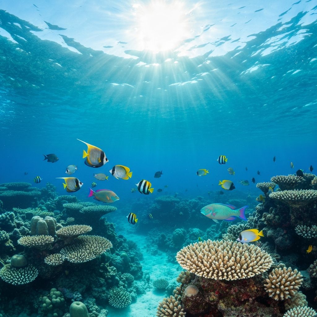 Underwater snorkeling scene with colorful tropical fish and coral