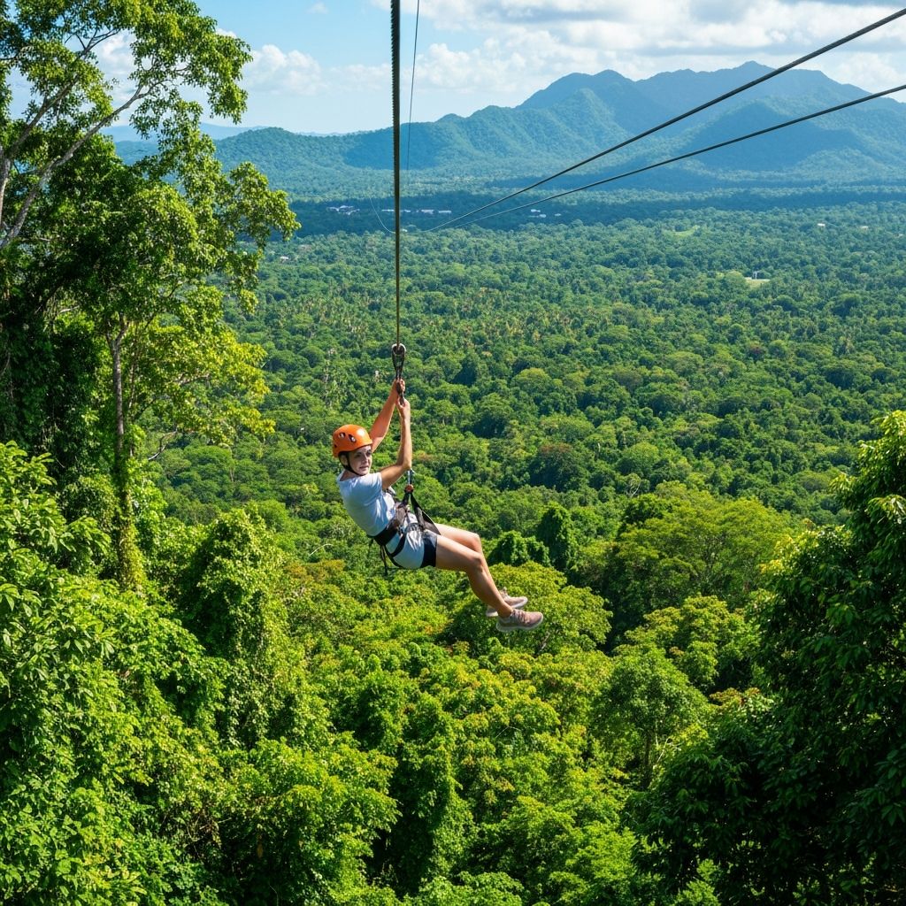 Person ziplining over lush green tropical canopy